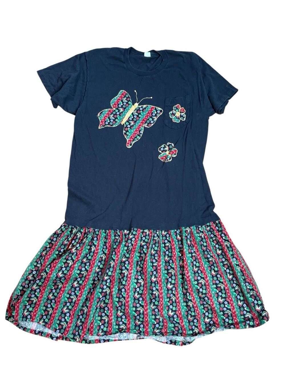 80s Vintage Black Handmade Butterfly Tshirt Dress Drop Waist XL